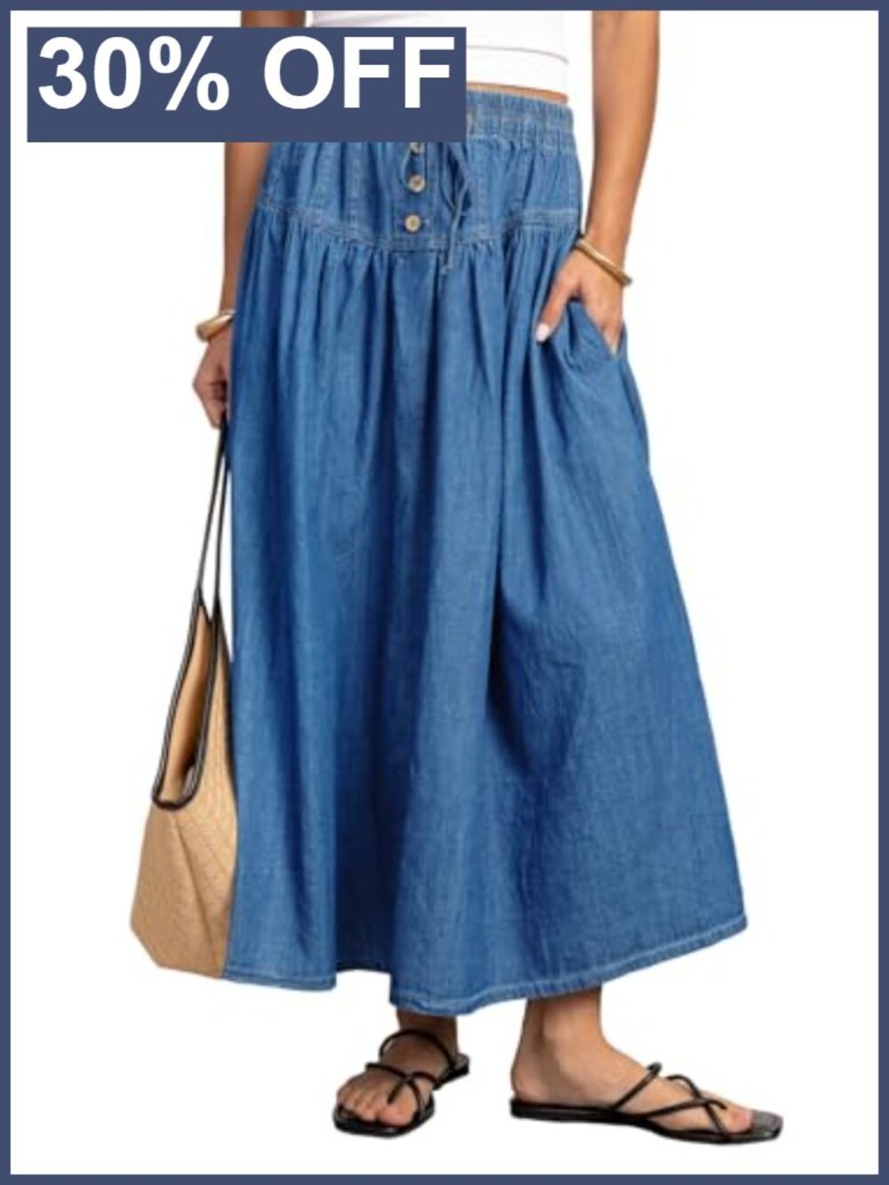 Womens High Waisted Denim Midi Skirt A-Line Button Front Pleated with Pockets